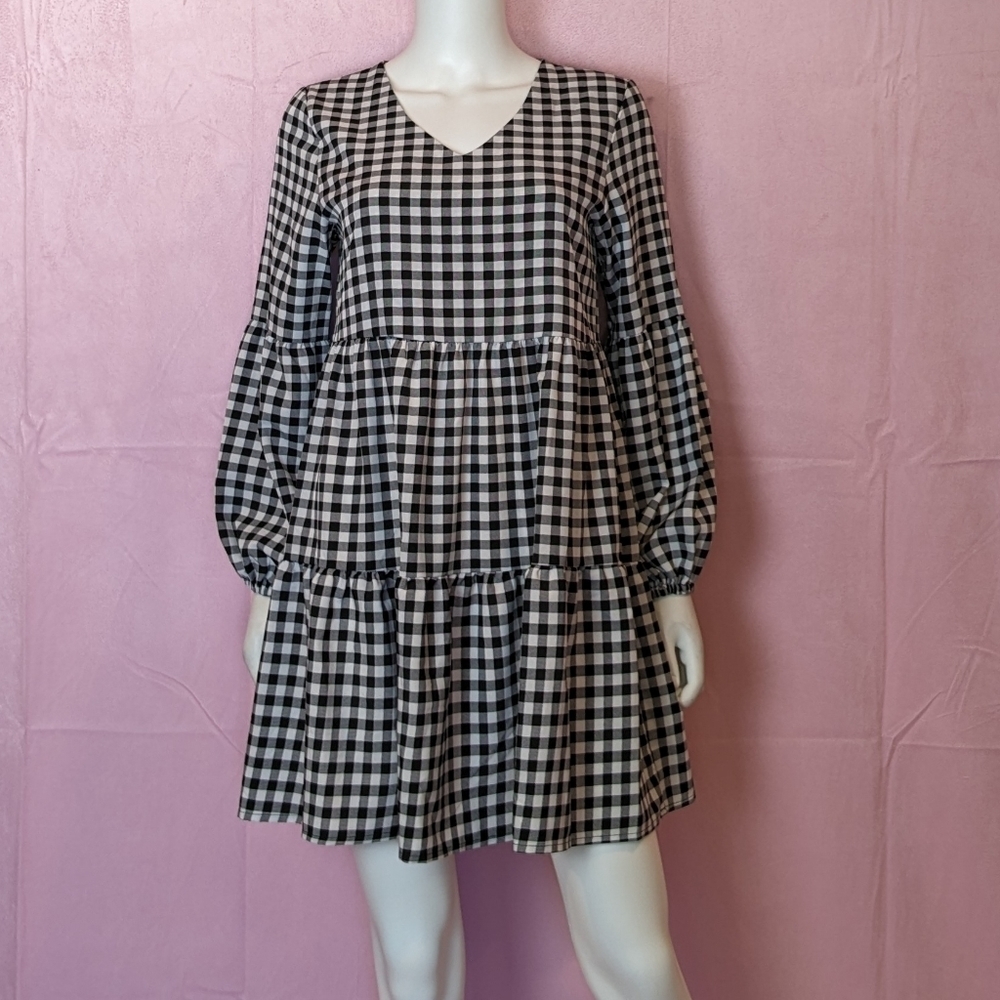 Black and White Gingham V Neck Volume Sleeve Tiered Mini Dress size Small